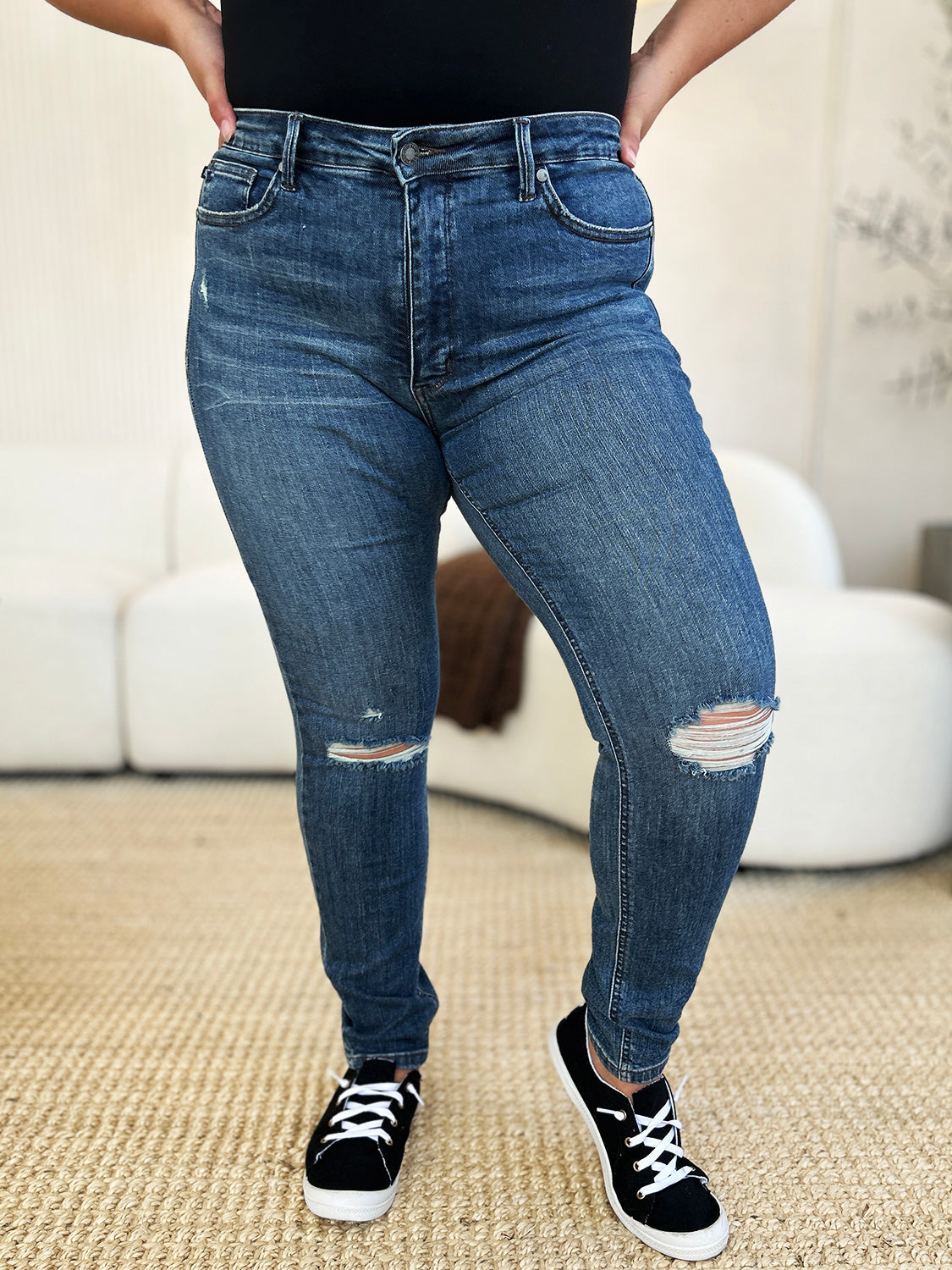 Judy Blue Full Size Mid Waist Distressed Slim Jeans - MyEmpired
