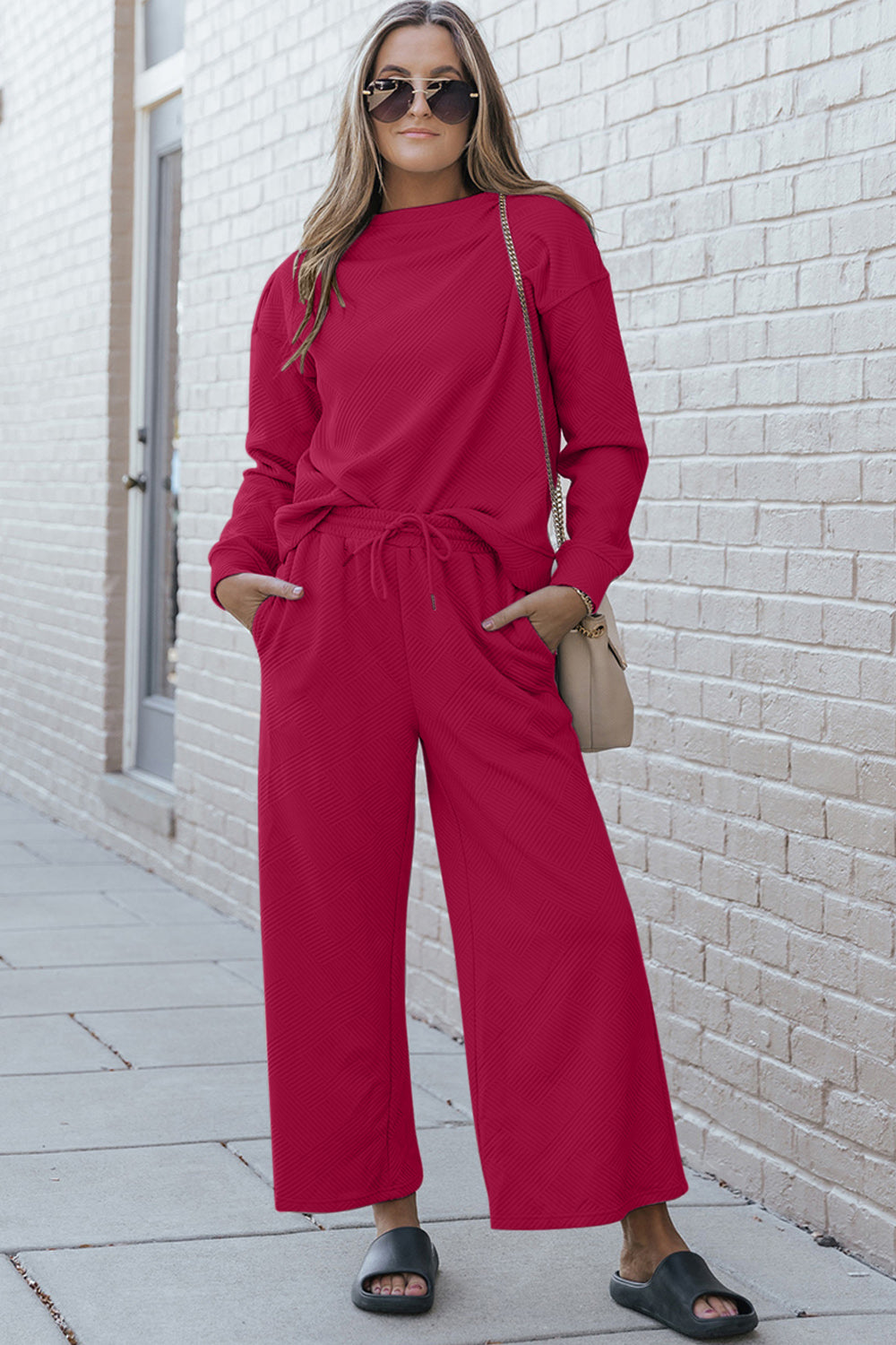 Double Take Full Size Textured Long Sleeve Top and Drawstring Pants Set - MyEmpired