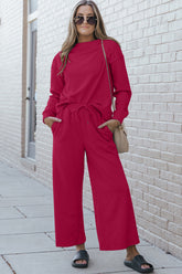 Double Take Full Size Textured Long Sleeve Top and Drawstring Pants Set - MyEmpired