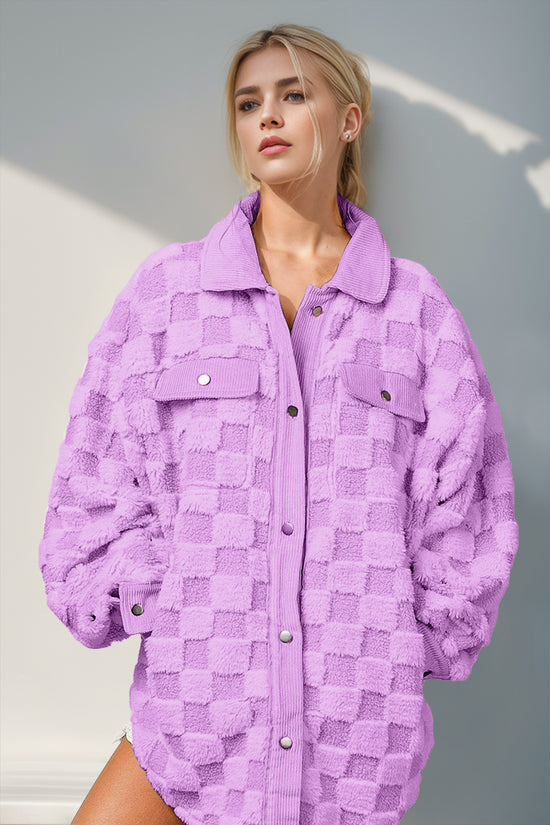 Double Take Button Up Fuzzy Checkered Shacket - MyEmpired