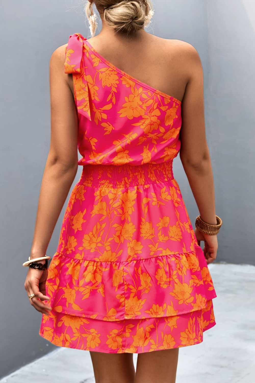 Tied Smocked Printed Single Shoulder Dress - MyEmpired