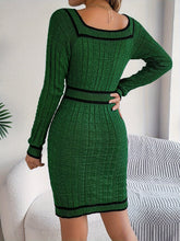 Elegant Striped Knit Bodycon Dress with Button Detail - Square Neck, Long Sleeve, Perfect for Fall & Winter - Women&