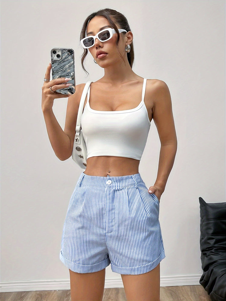 Striped Button Front Shorts, Casual Daily Wear Shorts For Spring & Summer, Women&