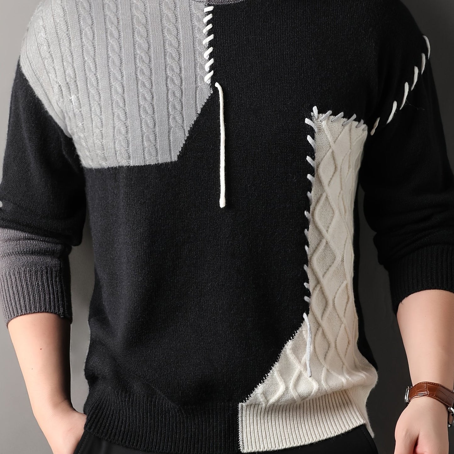 1pc Men'S Korean Style Crew Neck Sweater, Casual Striped Pattern, Rib-Knit, Slight Stretch, Loose Fit, Acrylic Knit Fabric, Thick Warm Patchwork Pullover for Fall/Winter - Fashionable Color Block Base Layer Top [12422]