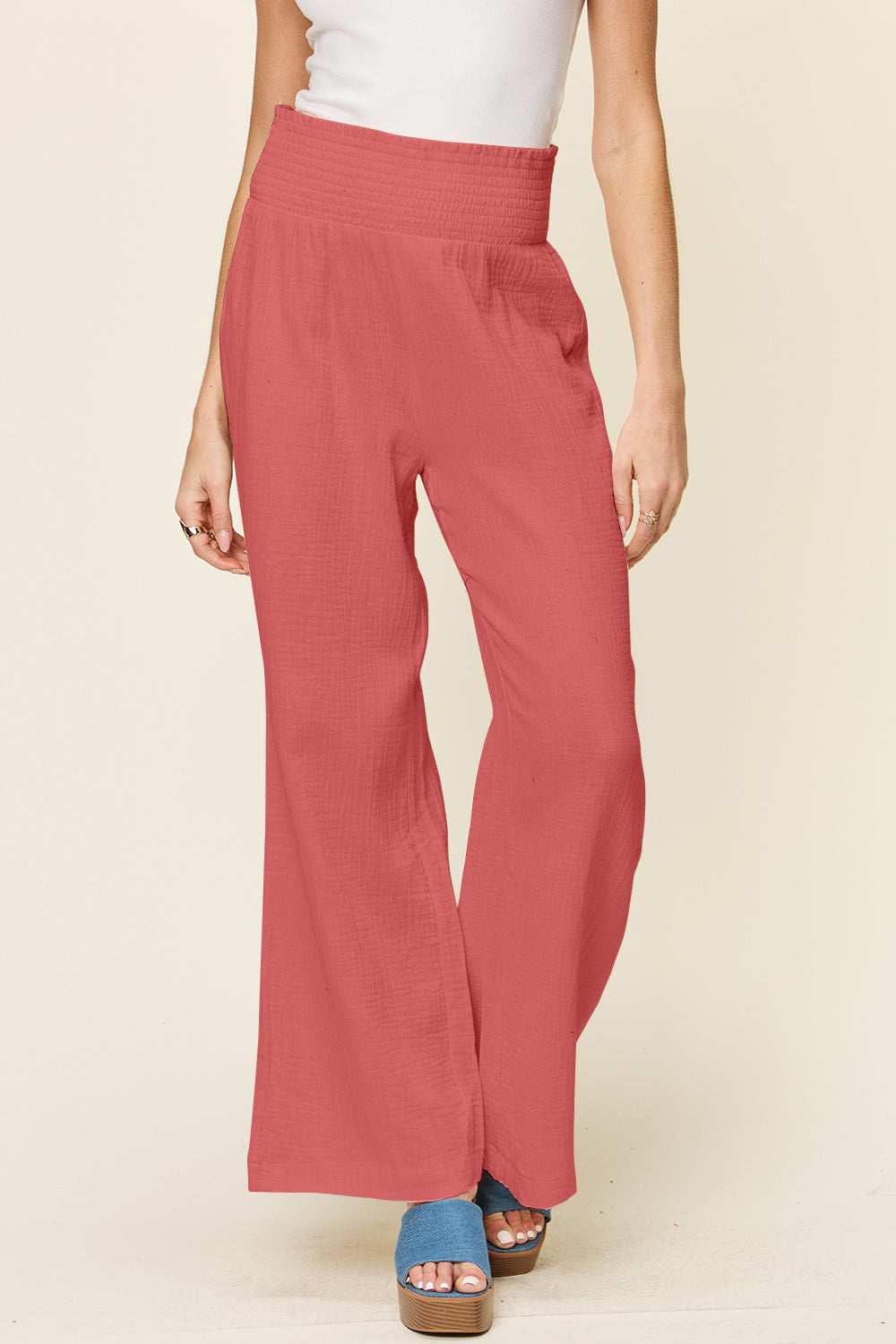 Double Take Full Size Texture Smocked Waist Wide Leg Pants - MyEmpired