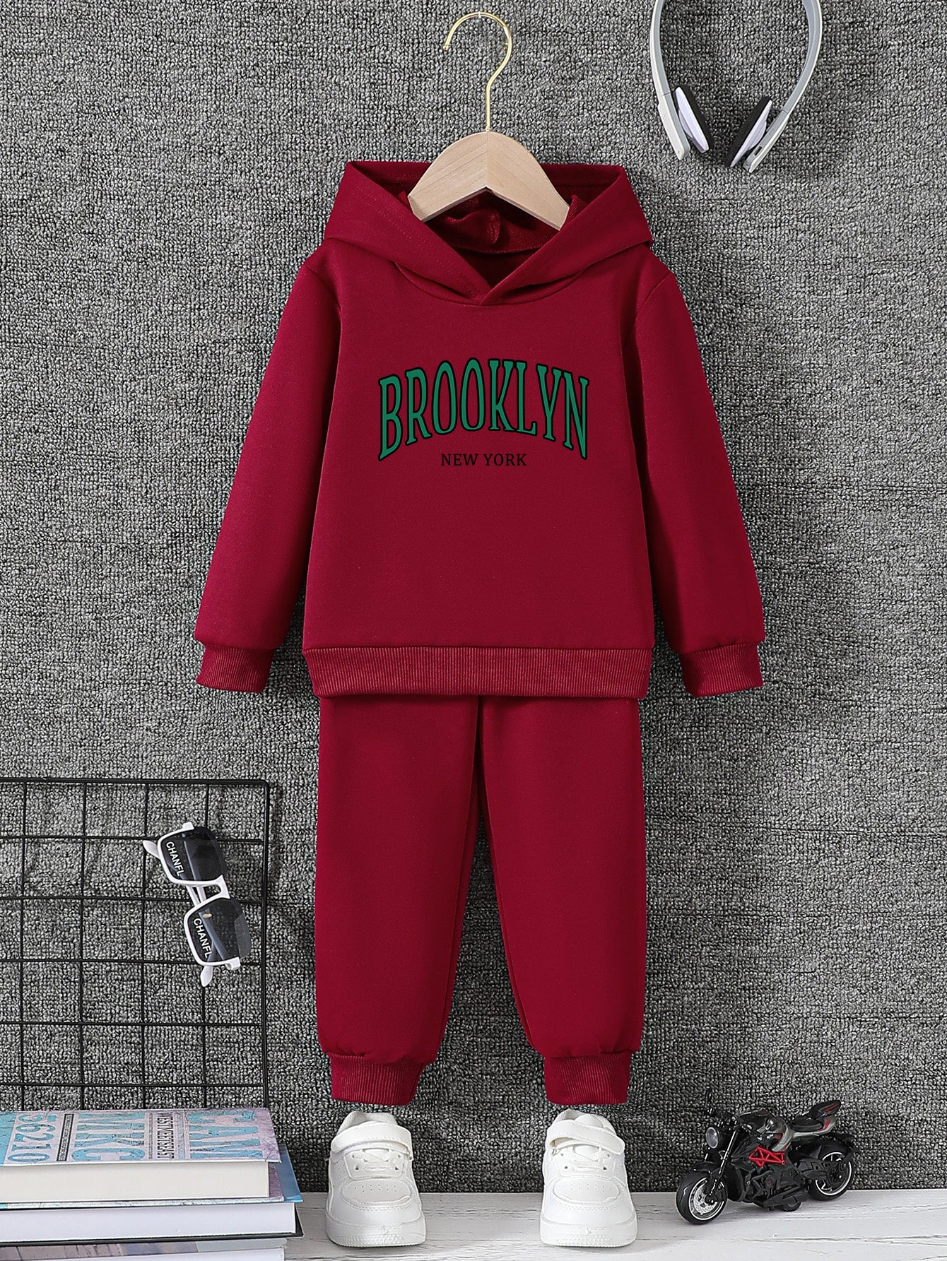 Girls' Brooklyn New York Hoodie Set, 2024 Trendy Letter Print, Casual Sports Fashion, Comfortable Stretch Polyester, Regular Fit, Autumn/Winter Collection, for Outdoor