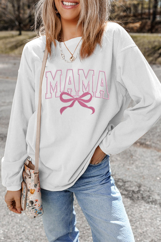 MAMA Bow Round Neck Long Sleeve Sweatshirt - MyEmpired