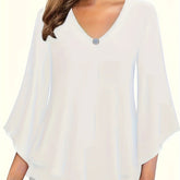 Solid Color V-neck Blouse, Casual Flare Sleeve Layered Hem Top For Spring & Fall, Women&