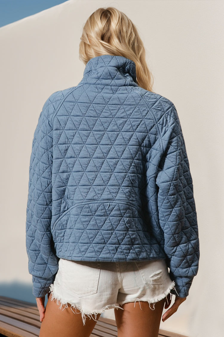 Double Take Half Zip Long Sleeve Quilted Sweatshirt with Pocket - MyEmpired