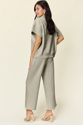 Double Take Full Size Texture Half Zip Short Sleeve Top and Pants Set - MyEmpired