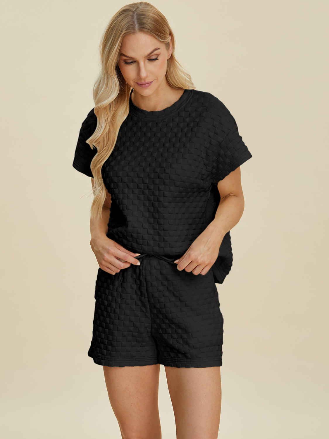 Double Take Full Size Texture T-Shirt and Shorts Set - MyEmpired