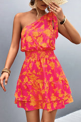 Tied Smocked Printed Single Shoulder Dress - MyEmpired