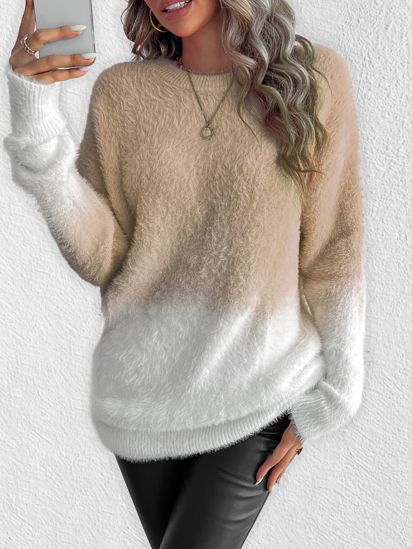 Gradient Color Crew Neck Fuzzy Sweater, Elegant Long Sleeve Sweater For Fall & Winter, Women's Clothing