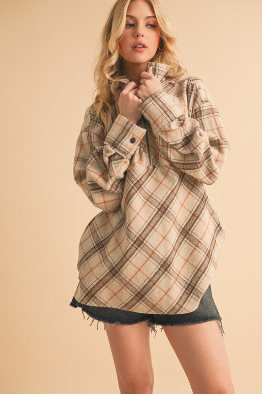 Aemi + Co Slit Plaid Half Zip Drop Shoulder Top - MyEmpired