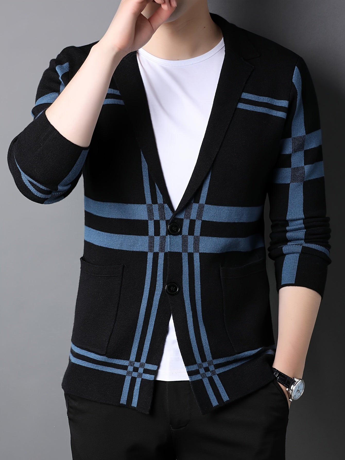 Men's Striped Knit Cardigan - Casual & Business-Ready, Button-Up with Lapel Collar for Fall/Winter, for Autumn, Spring