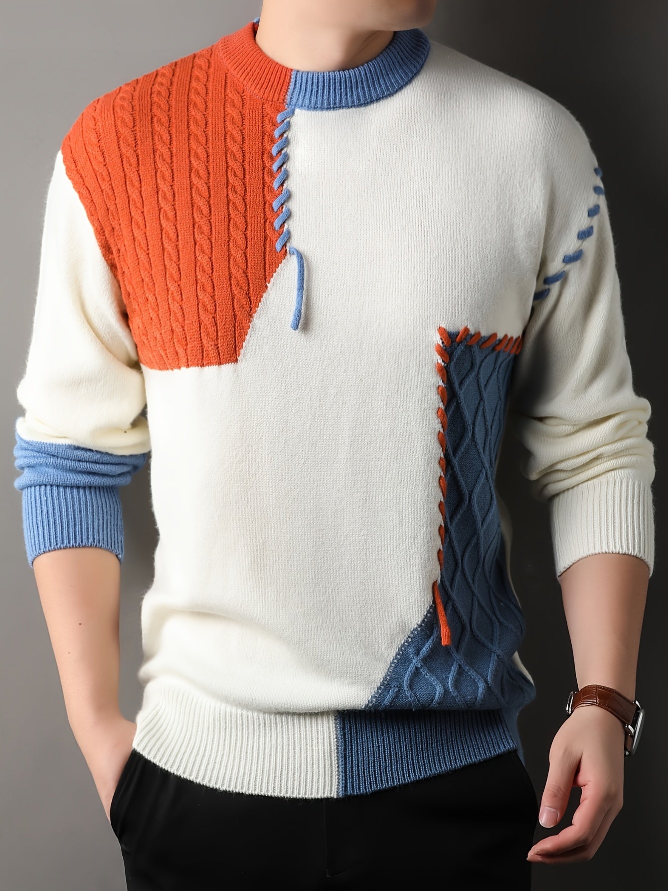 1pc Men'S Korean Style Crew Neck Sweater, Casual Striped Pattern, Rib-Knit, Slight Stretch, Loose Fit, Acrylic Knit Fabric, Thick Warm Patchwork Pullover for Fall/Winter - Fashionable Color Block Base Layer Top [12422]