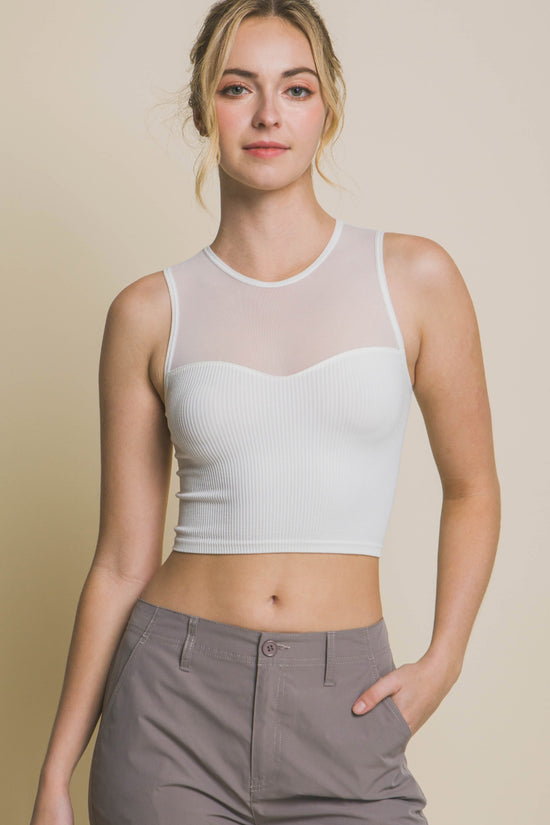 Love Tree Round Neck Ribbed Cropped Mesh Tank - MyEmpired