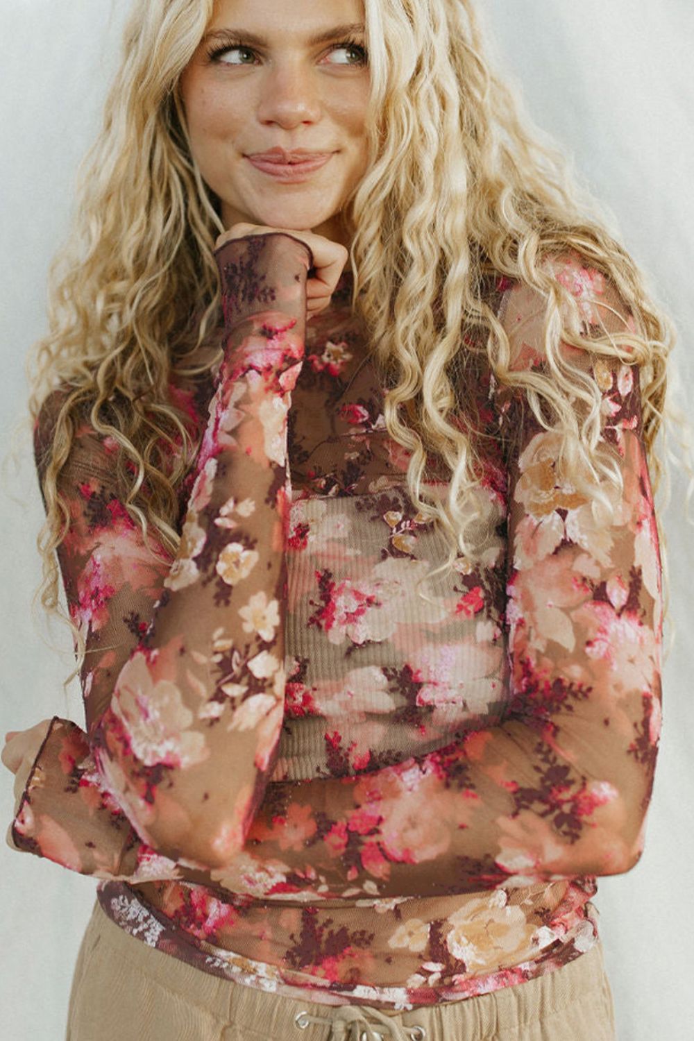 Floral Mock Neck Long Sleeve Sheer Top - MyEmpired