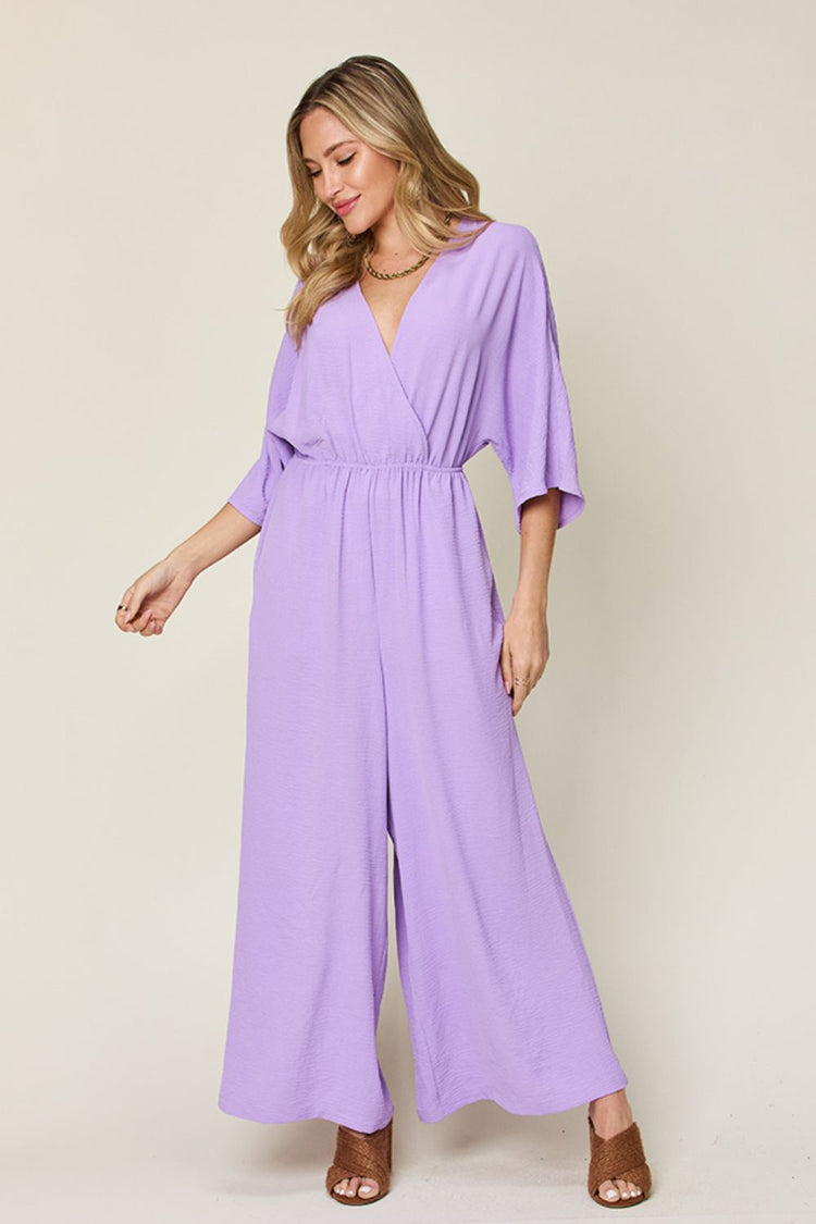 Double Take Full Size Surplice Wide Leg Jumpsuit with Pockets - MyEmpired