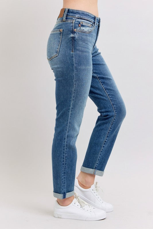 Judy Blue Full Size Mid Rise Skinny Cuff Jeans with Pockets Plus Size - MyEmpired