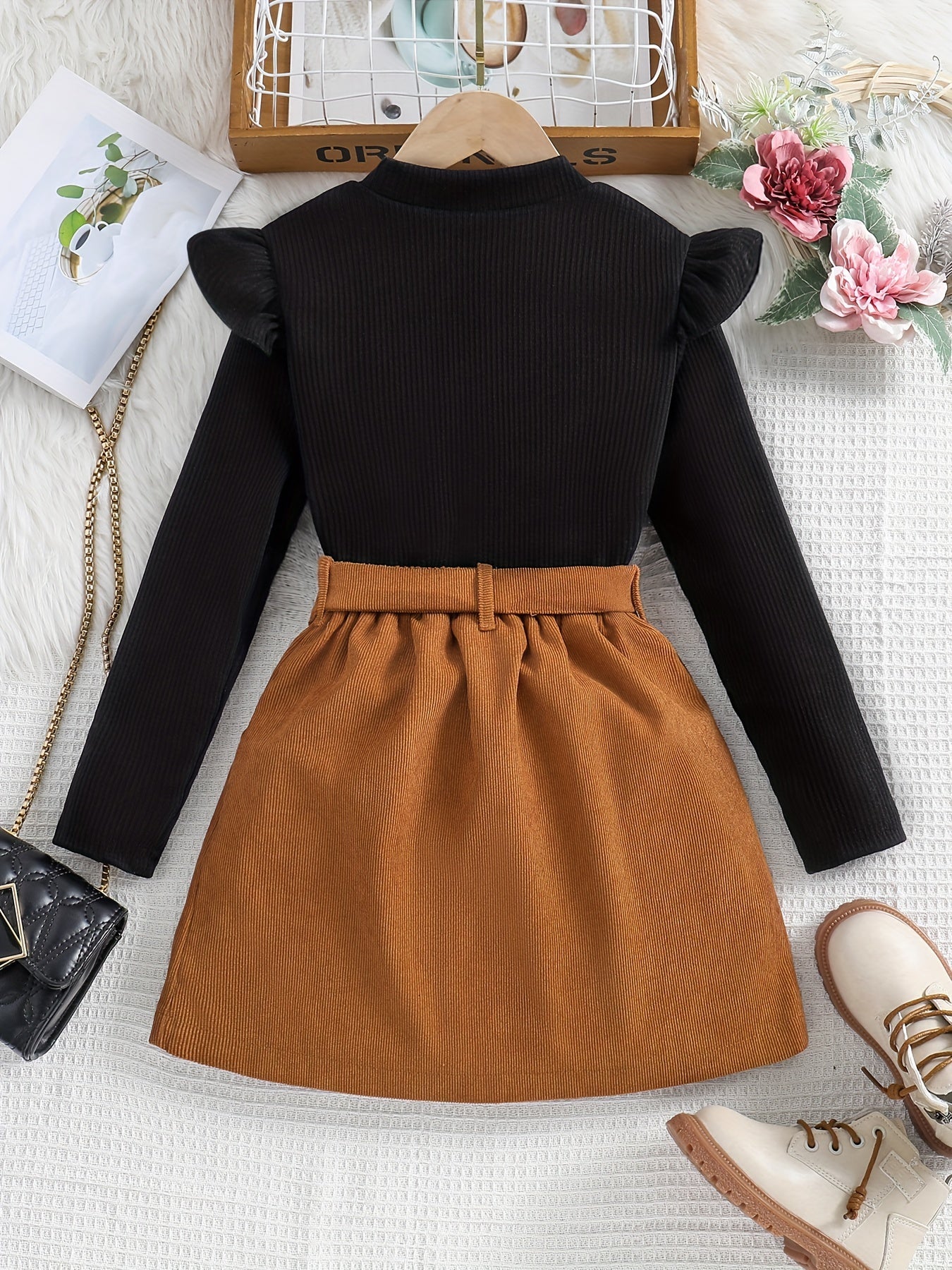 Girl's Casual 2pcs, Ribbed Long Sleeve Top & Belted Corduroy Skirt Set, Button Decor Outfits, Kids Outdoor Clothes For Spring Autumn