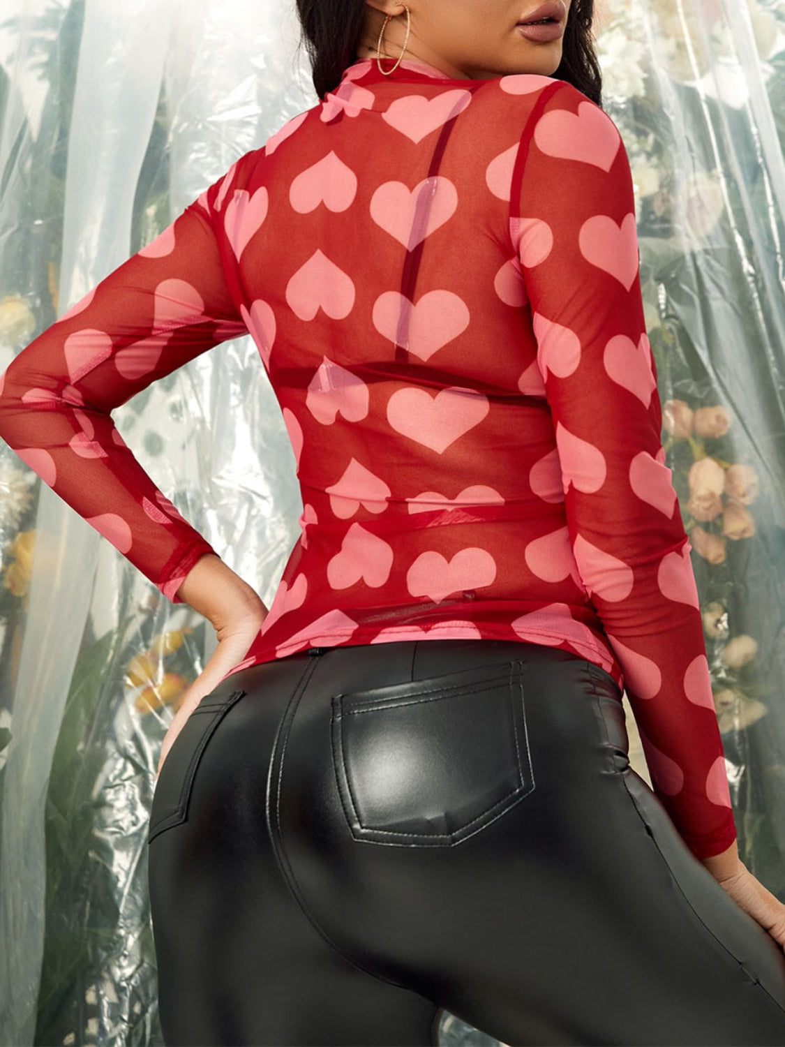 Heart Mock Neck Long Sleeve Sheer Top - MyEmpired