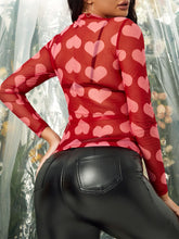 Heart Mock Neck Long Sleeve Sheer Top - MyEmpired