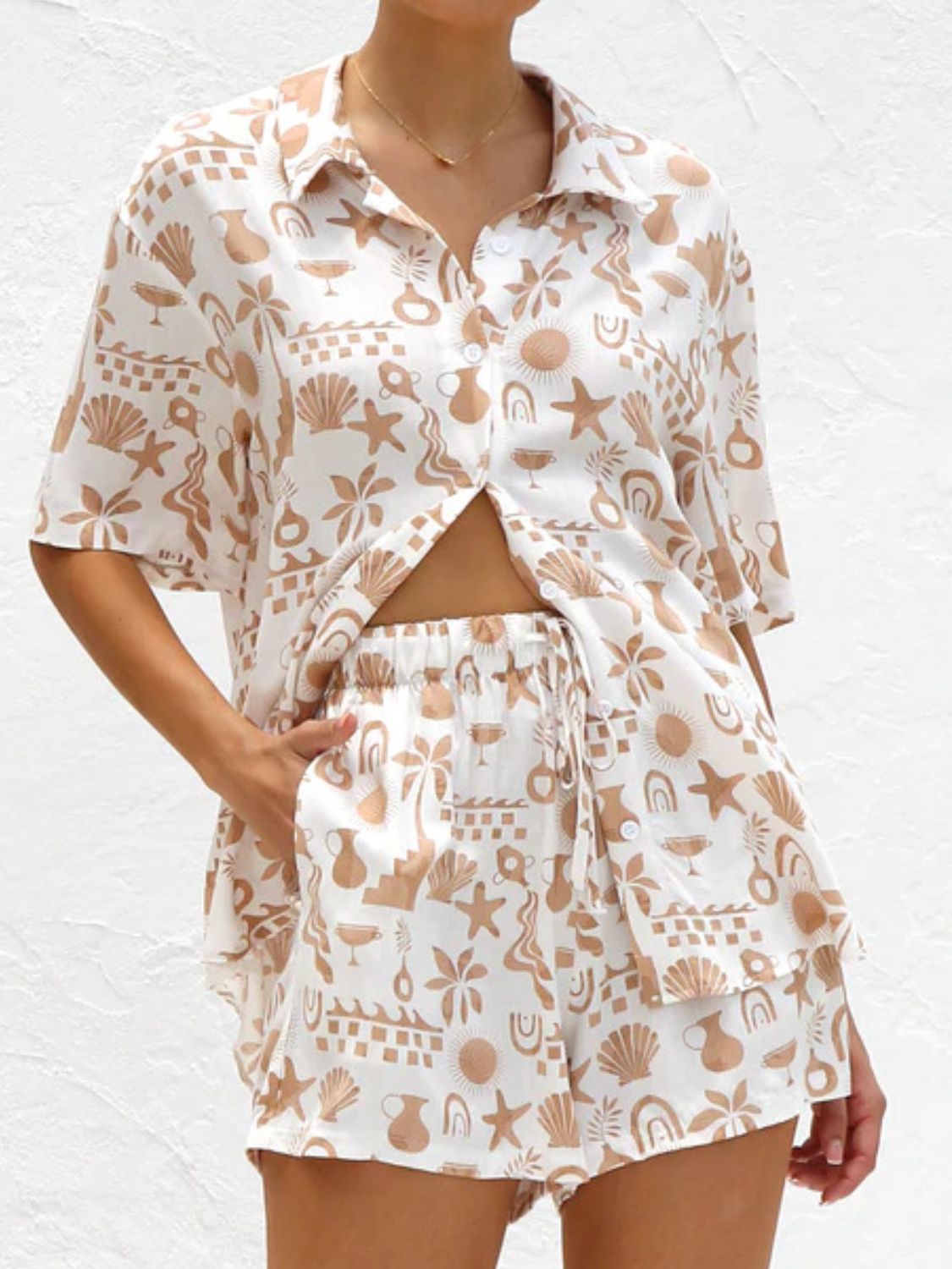 Printed Button Down Short Sleeve Top and Shorts Set - MyEmpired