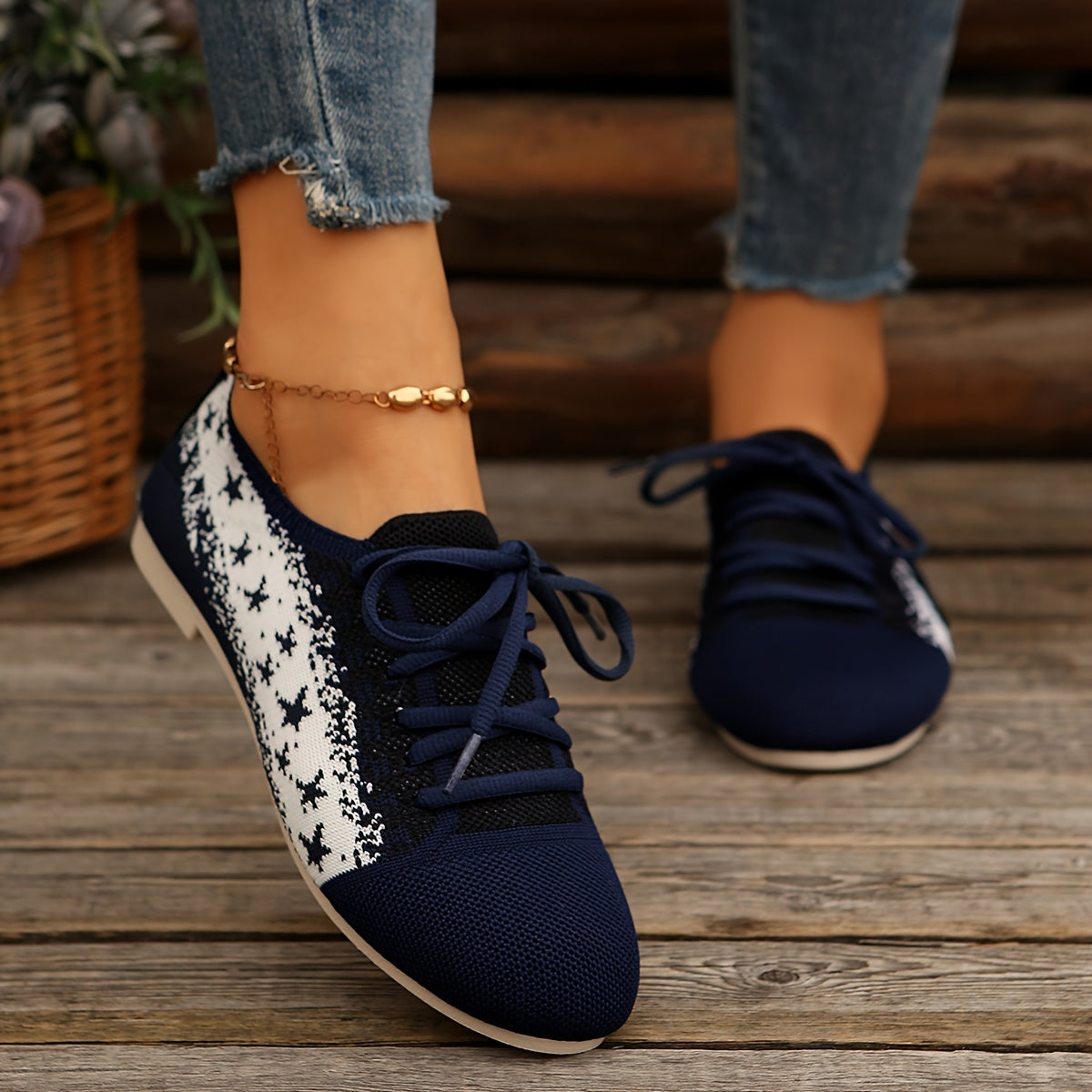 Women'S Casual Sports Flats with Star Pattern, Breathable Fabric Upper, Round Toe Lace-Up Sneakers, All-Season Rubber Sole Shoes from Taizhou