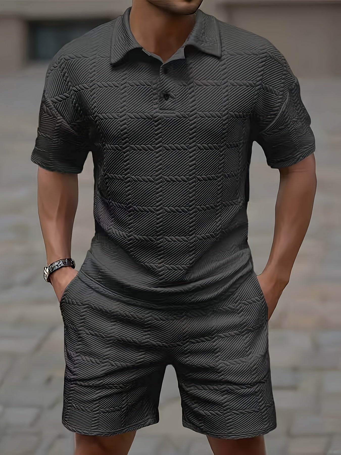 2-piece Men's Solid Textured Design Summer Outfit Set