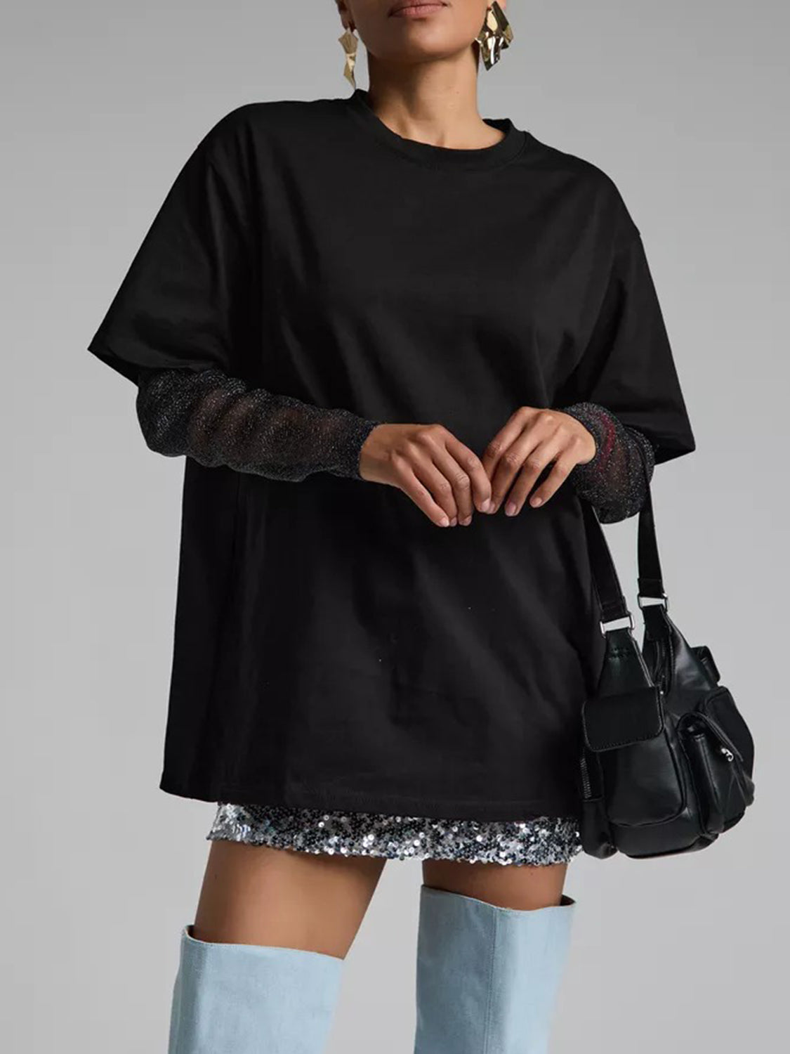 Faux Layered Round Neck Mesh Sleeve Top - MyEmpired