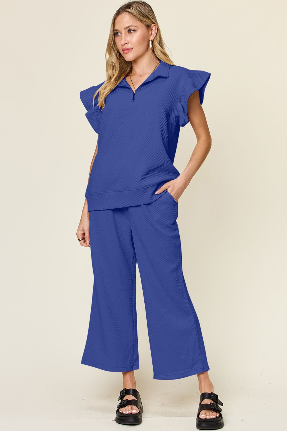 Double Take Texture Ruffle Short Sleeve Top and Drawstring Wide Leg Pants Set - MyEmpired