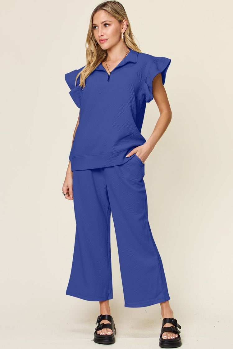 Double Take Texture Ruffle Short Sleeve Top and Drawstring Wide Leg Pants Set - MyEmpired