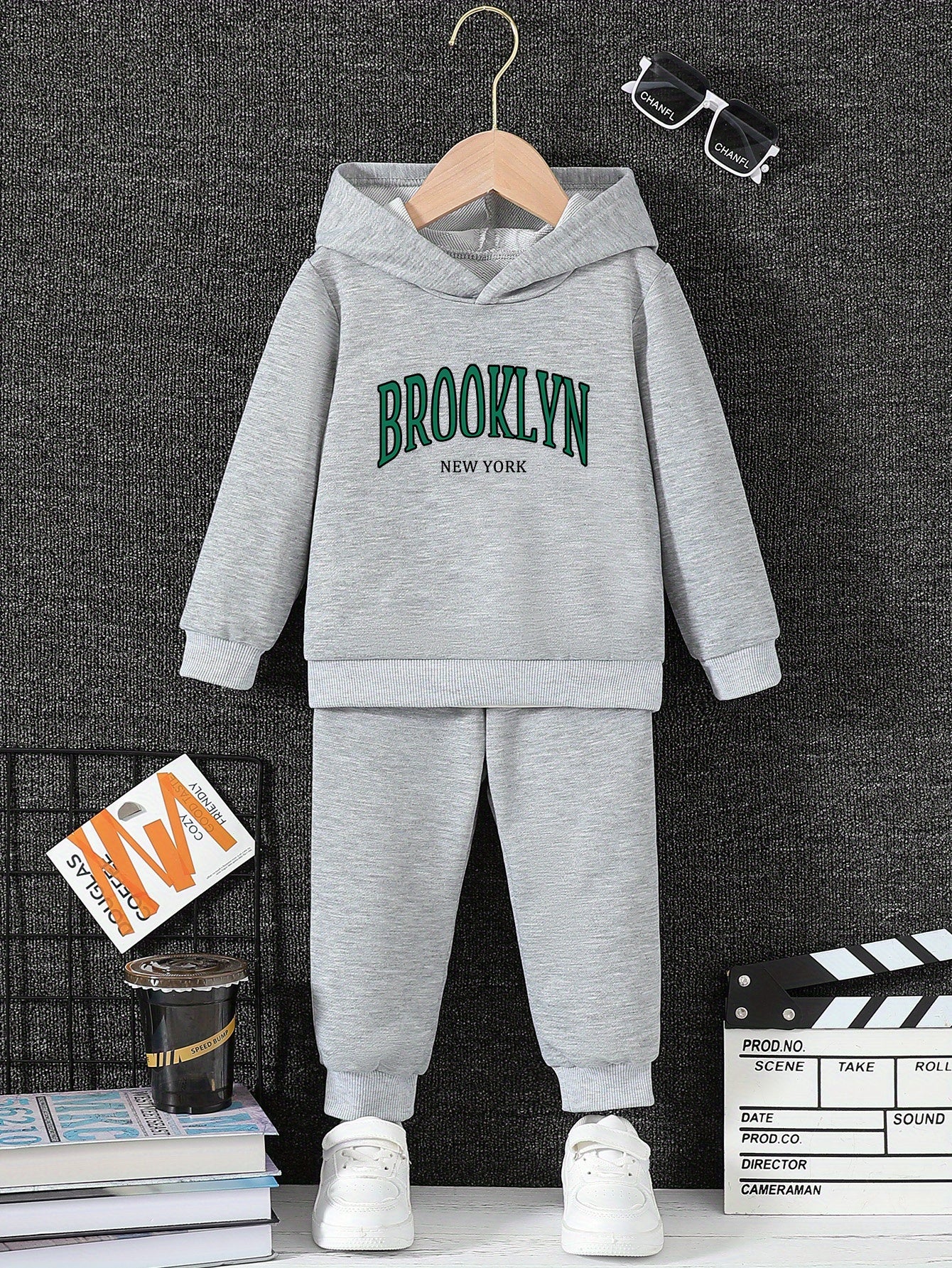 Girls' Brooklyn New York Hoodie Set, 2024 Trendy Letter Print, Casual Sports Fashion, Comfortable Stretch Polyester, Regular Fit, Autumn/Winter Collection, for Outdoor