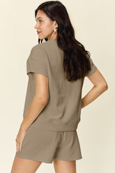 Double Take Full Size Texture Short Sleeve T-Shirt and Drawstring Shorts Set - MyEmpired