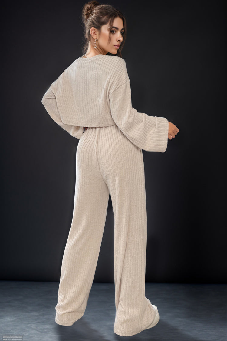 Round Neck Long Sleeve Top and Pants Set - MyEmpired