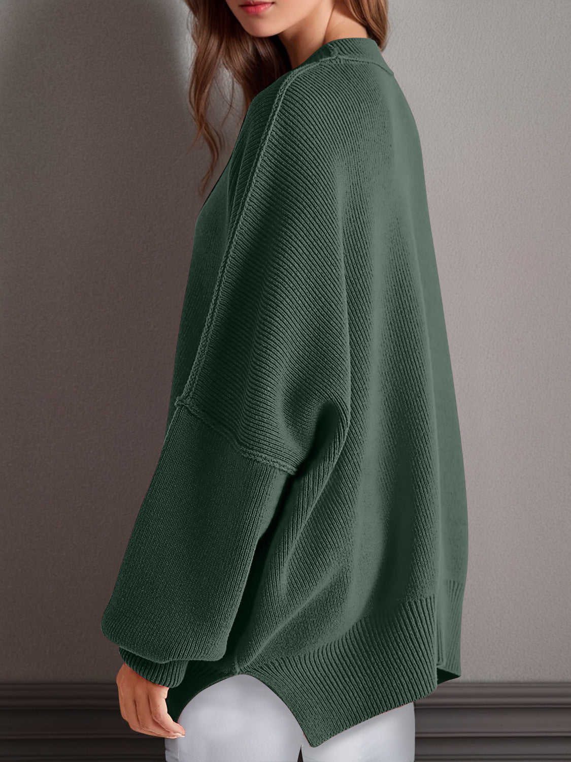 Double Take Side Slit Round Neck Long Sleeve Sweater - MyEmpired