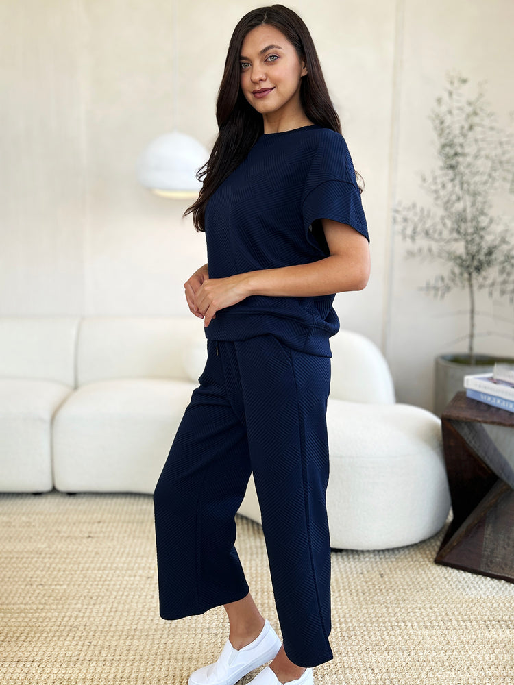Double Take Full Size Texture Short Sleeve Top and Pants Set - MyEmpired
