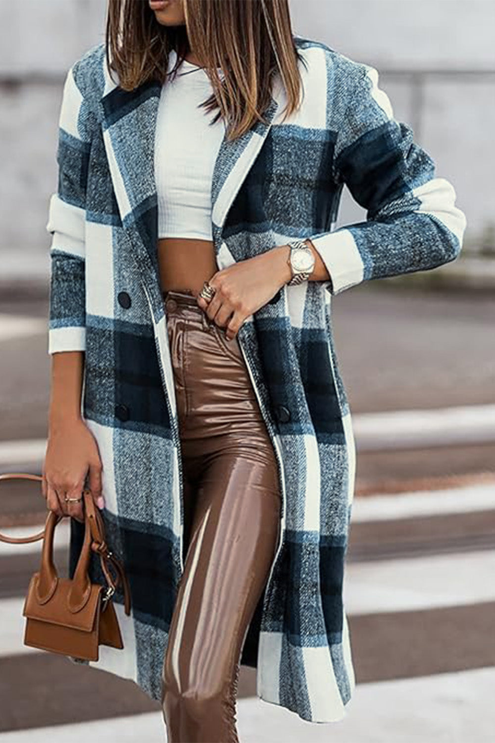Double Take Full Size Plaid Button Up Lapel Collar Coat - MyEmpired