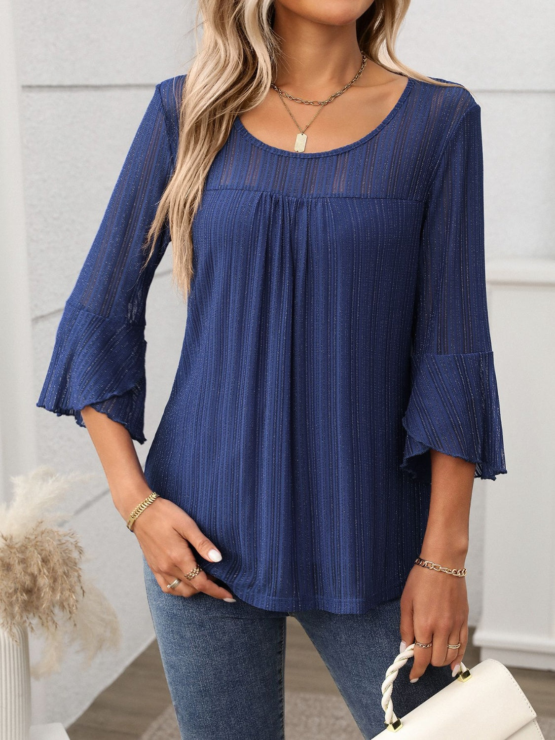Round Neck Three-Quarter Sleeve Top - MyEmpired