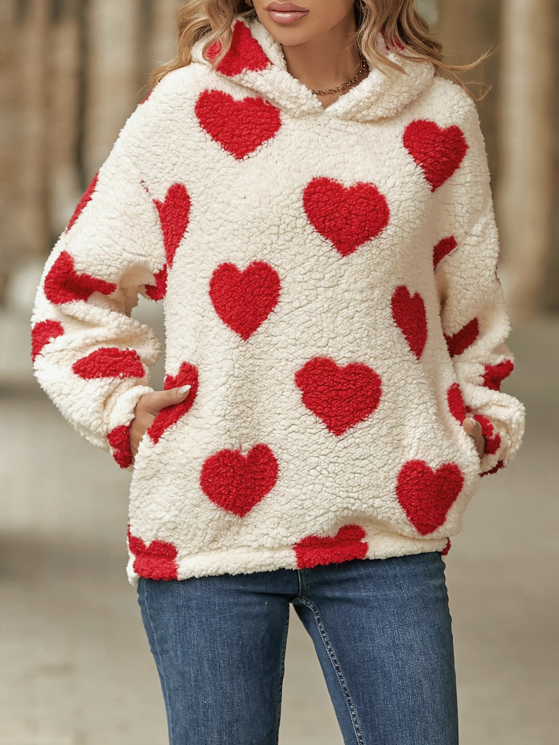 Fuzzy Heart Pocketed Dropped Shoulder Hoodie - MyEmpired