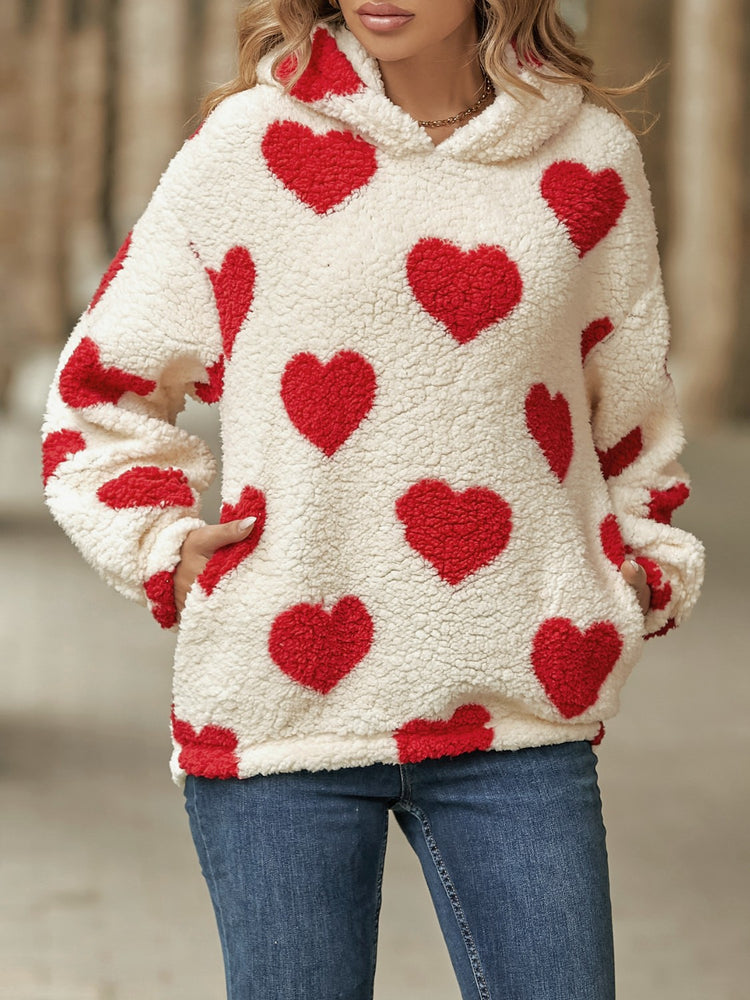Fuzzy Heart Pocketed Dropped Shoulder Hoodie - MyEmpired