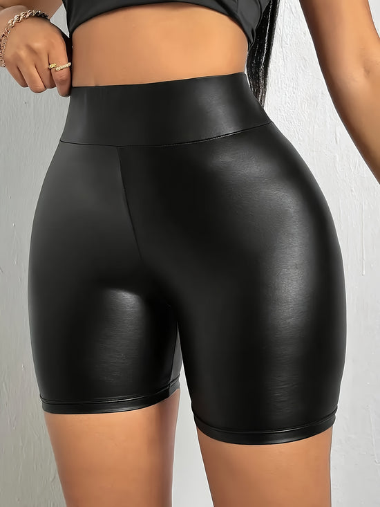 Faux Leather Solid Color Skinny Shorts, Elegant High Waist Shorts For Spring & Summer, Women&