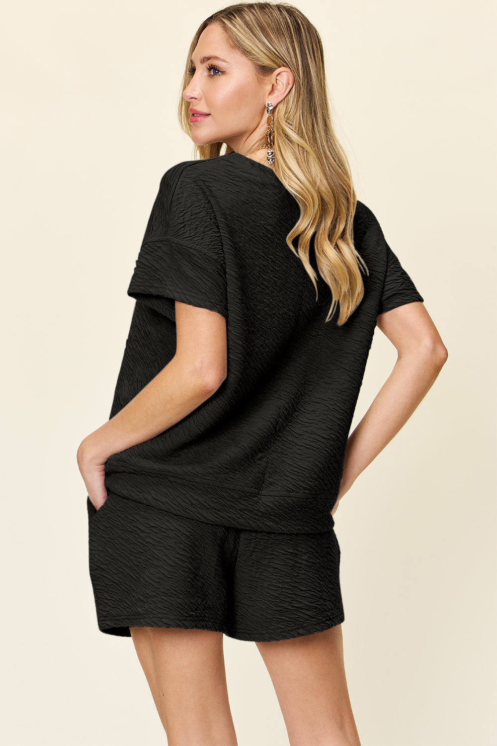 Double Take Full Size Texture Short Sleeve T-Shirt and Drawstring Shorts Set - MyEmpired