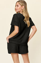 Double Take Full Size Texture Short Sleeve T-Shirt and Drawstring Shorts Set - MyEmpired