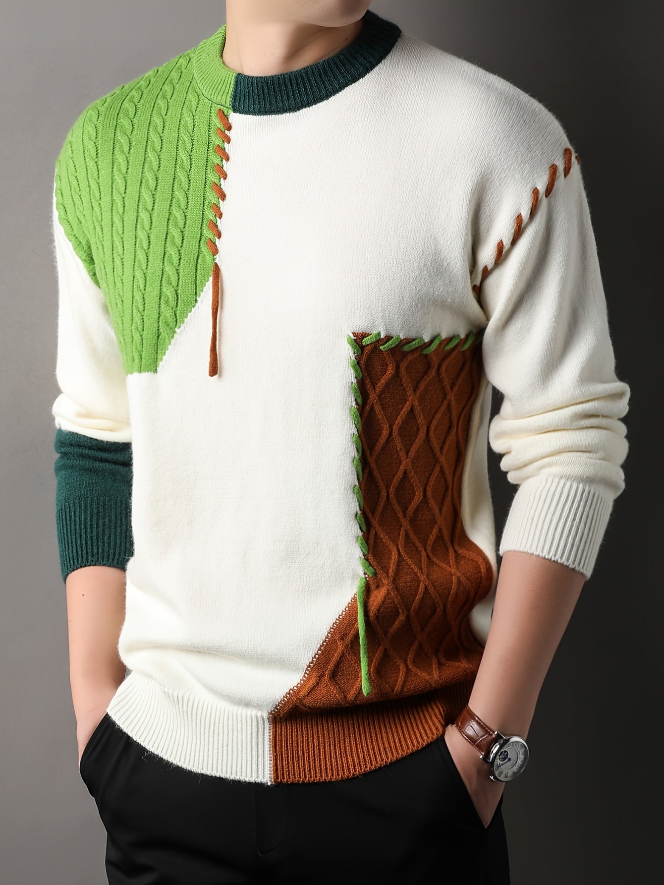 1pc Men'S Korean Style Crew Neck Sweater, Casual Striped Pattern, Rib-Knit, Slight Stretch, Loose Fit, Acrylic Knit Fabric, Thick Warm Patchwork Pullover for Fall/Winter - Fashionable Color Block Base Layer Top [12422]