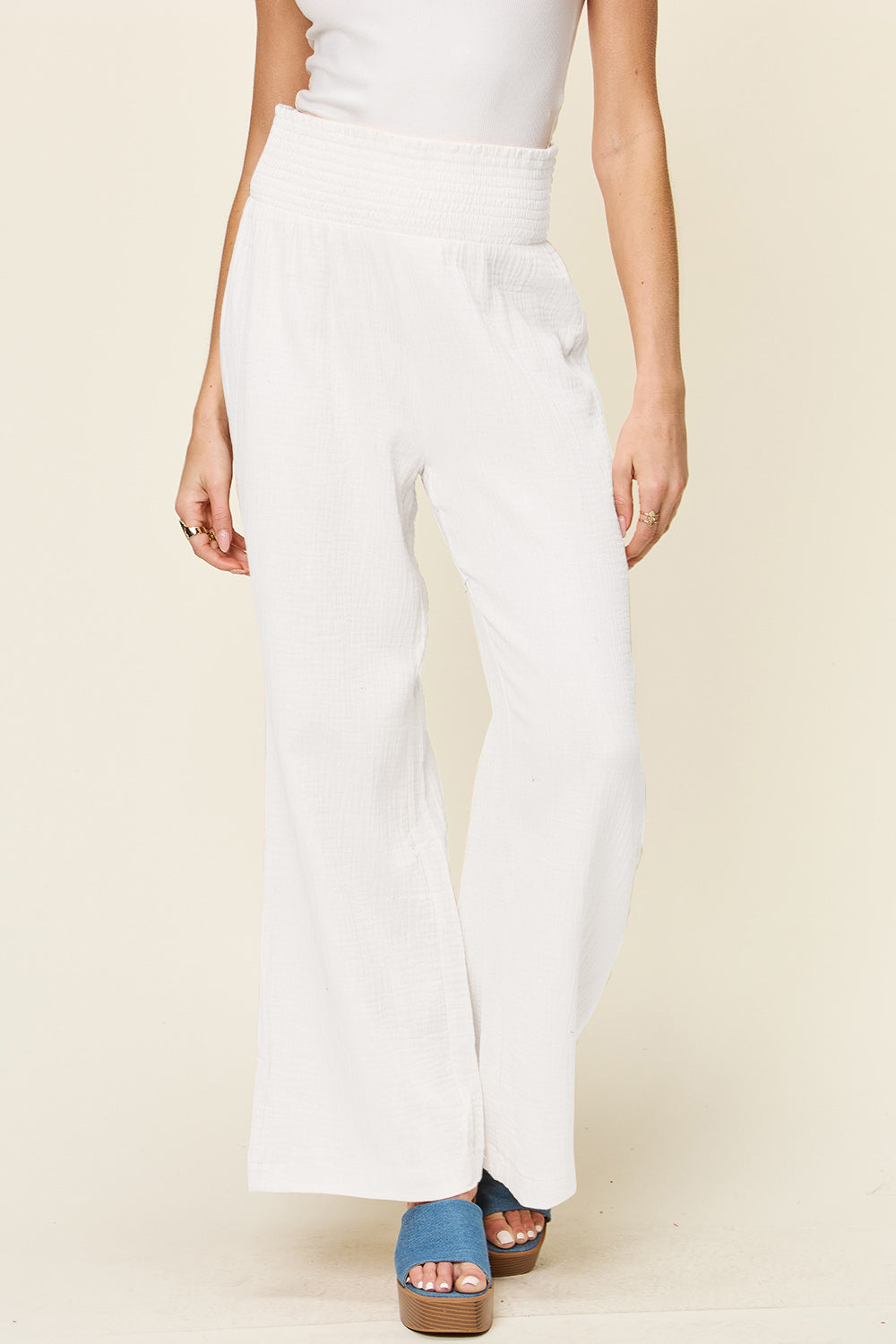 Double Take Full Size Texture Smocked Waist Wide Leg Pants - MyEmpired