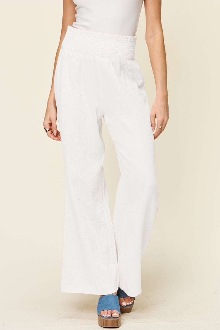 Double Take Full Size Texture Smocked Waist Wide Leg Pants - MyEmpired