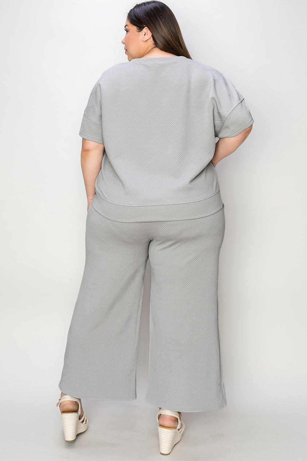 Double Take Full Size Texture Short Sleeve Top and Pants Set - MyEmpired