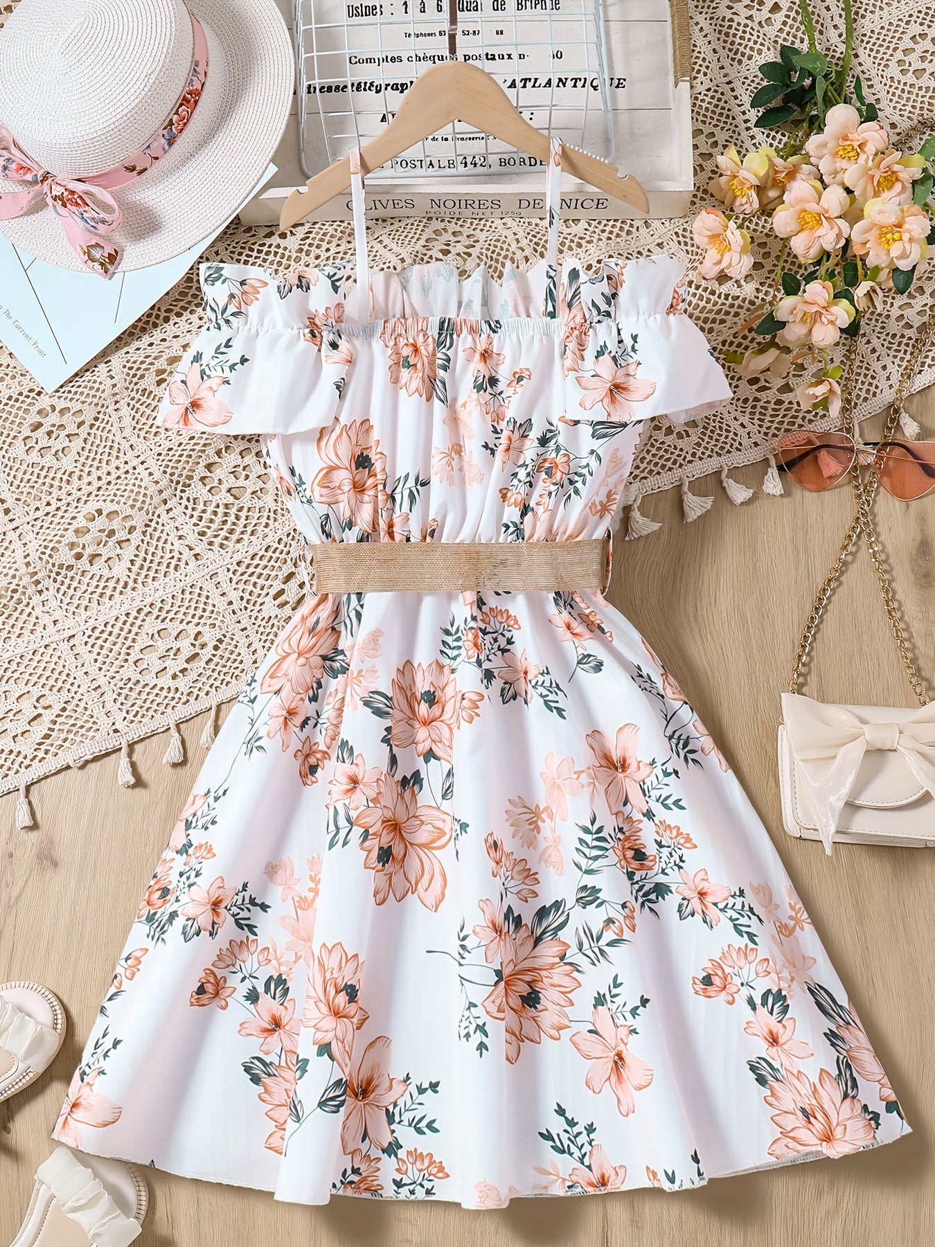 Sweet Girls Flora Print 2pcs Set Ruffle Trim Cami Top + Skirt With Belt Set For Spring Summer Party